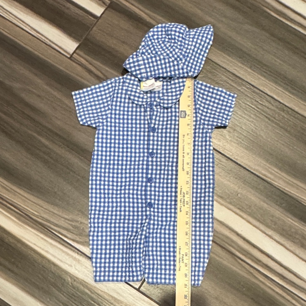Hanna Andersson Blue Checkered Baby Romper with Hat